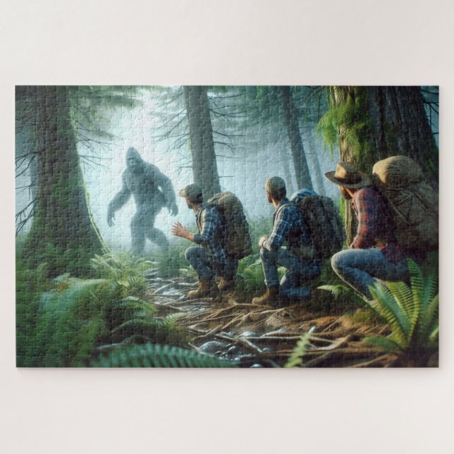 Puzzle Bigfoot Encounter with hikers, Forested Backdrop (Horizontal)