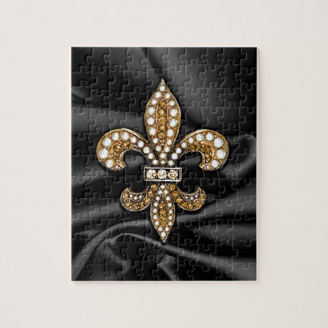 Puzzle Bijou en Satin Noir Or Fleur De Lis (Vertical)