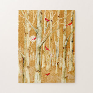 Puzzle Birch Trees Red Cardinals Art