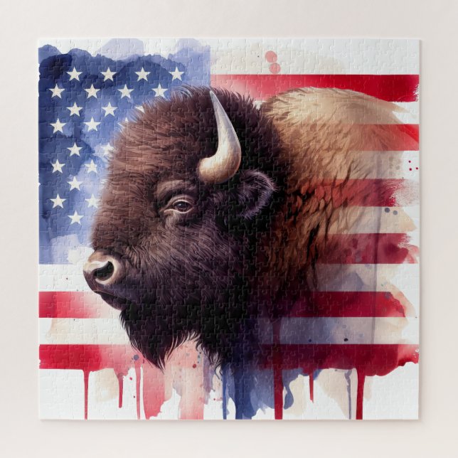 Puzzle Bison avec drapeau des États-Unis d'Amérique (Vertical)