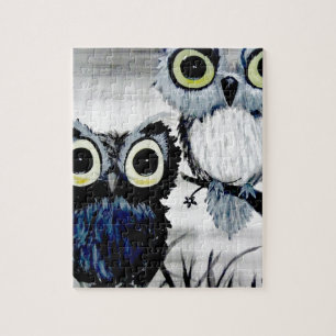 Puzzle Black and white owl watercolor bird love painting