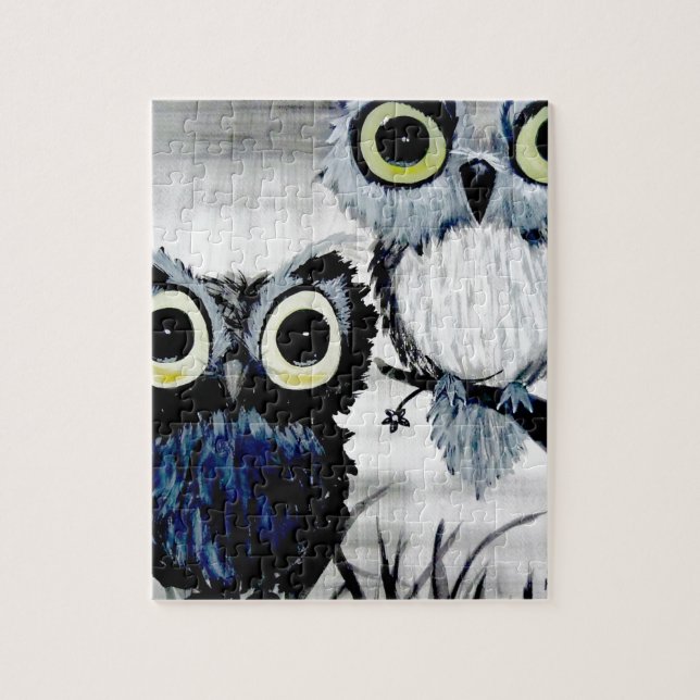 Puzzle Black and white owl watercolor bird love painting (Vertical)
