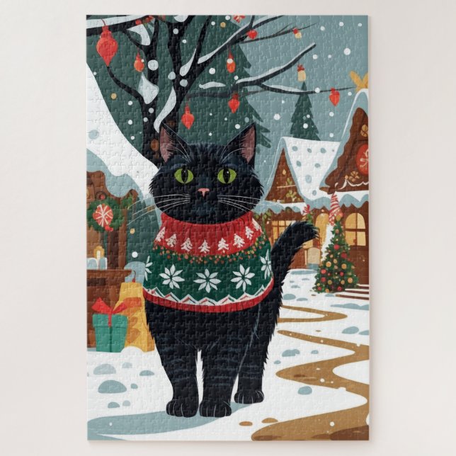 Puzzle Black Cat Christmas Snow Holiday (Vertical)