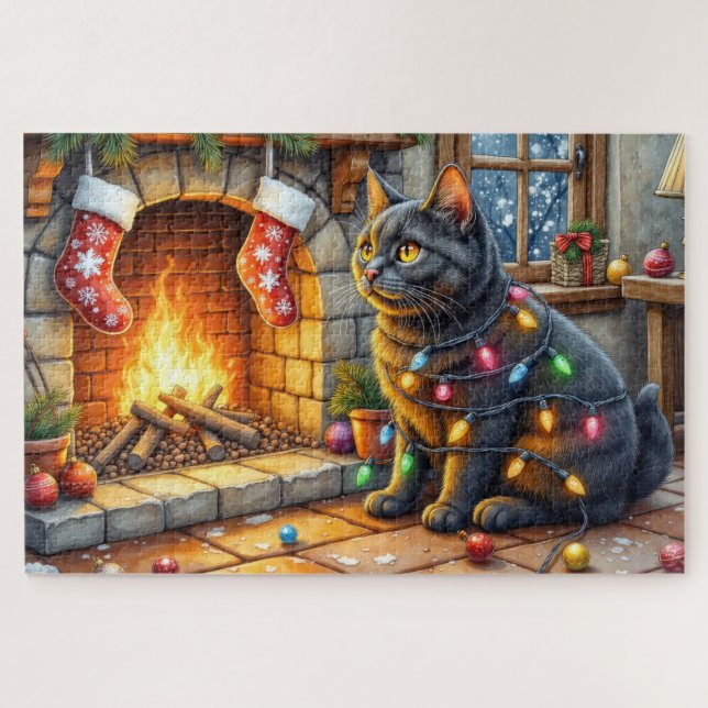 Puzzle Black Cat Sitting Fireplace with Christmas Lights (Horizontal)
