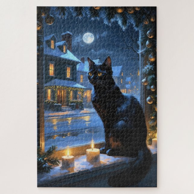 Puzzle Black Cat With Christmas Lights Holiday (Vertical)