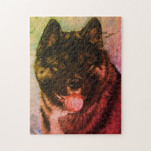 Puzzle black faced akita panting dog portrait art