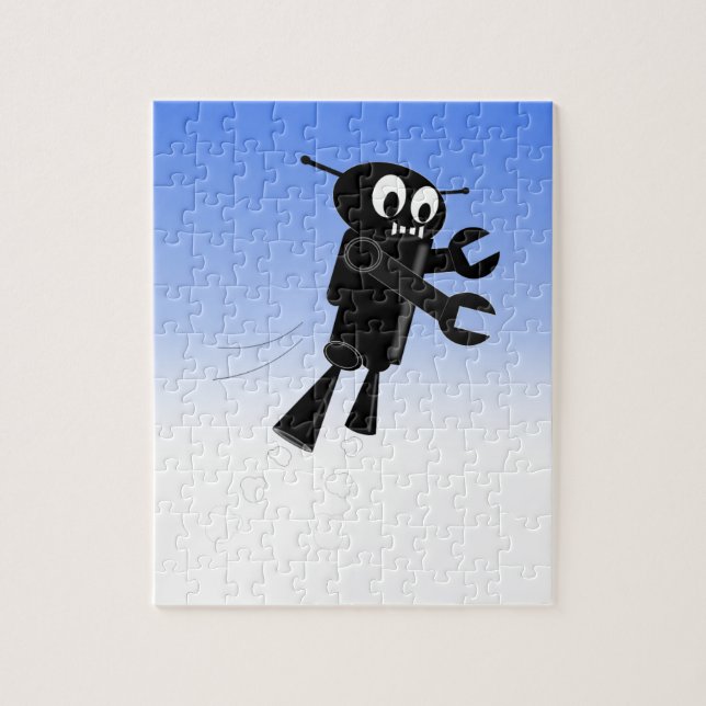 Puzzle Black Flying Robot Blue Sky Background (Vertical)
