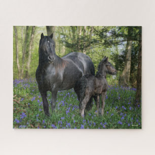 Puzzle Black Friesian Mare and Foal In Bluebells