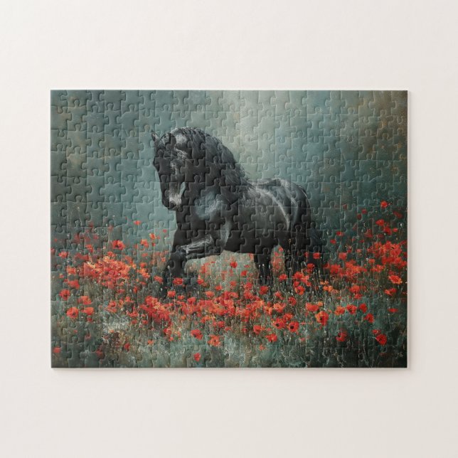 Puzzle Black Friesian Stallion Red Poppies (Horizontal)