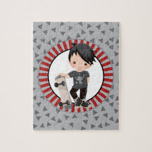 Puzzle Black Haired Skateboard Boy - gris rouge