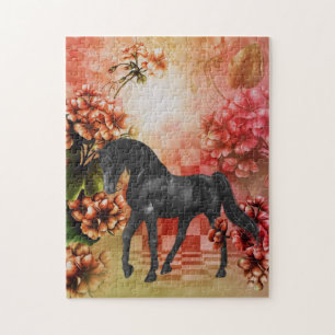 Puzzle Black Horse Flowers Imaginaire Art