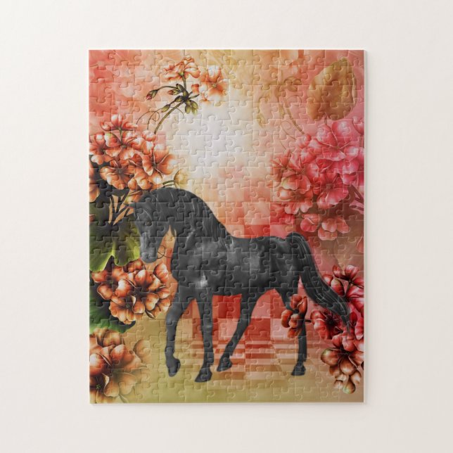 Puzzle Black Horse Flowers Imaginaire Art (Vertical)