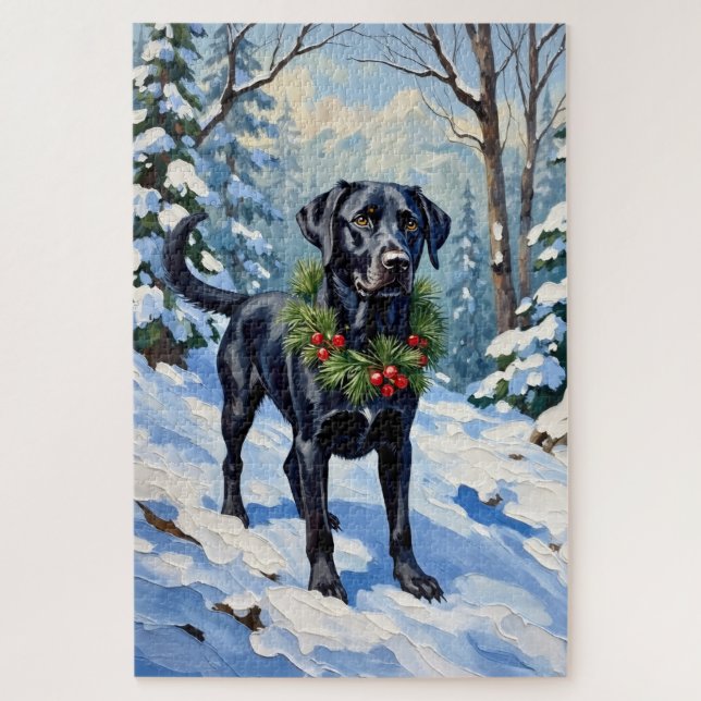 Puzzle Black Lab Serene Winter Forest Christmas Holiday (Vertical)