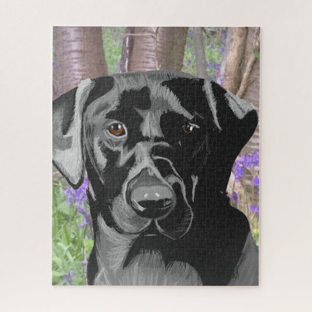 Puzzle Black Labrador dans un bois de Bluebell (Vertical)
