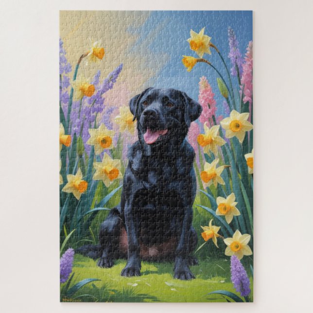 Puzzle Black Labrador Fleurs de printemps de chien Peintu (Vertical)
