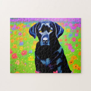 Puzzle Black labrador sitting in a field of flowers 