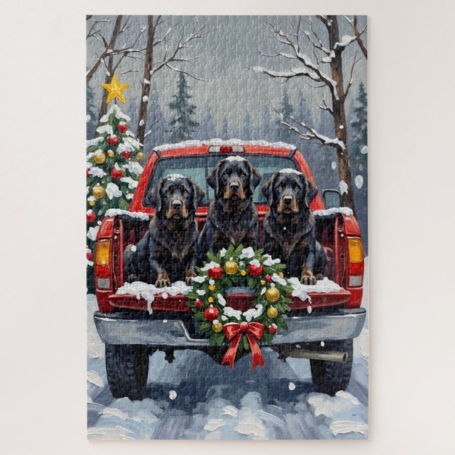 Puzzle Black Newfoundland Christmas Red Truck Holiday (Vertical)