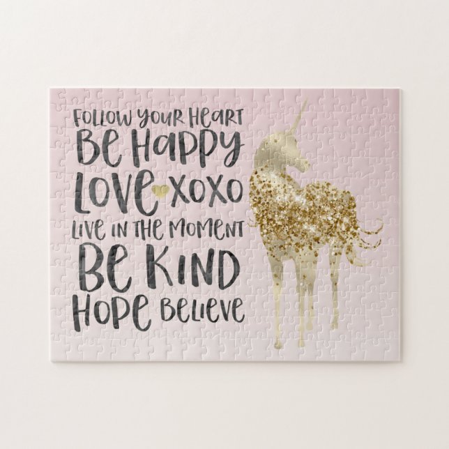 Puzzle Black Watercolor Inspirational Gold Unicorn (Horizontal)