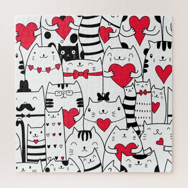 Puzzle Black White Cute Cat Red Heart (Vertical)