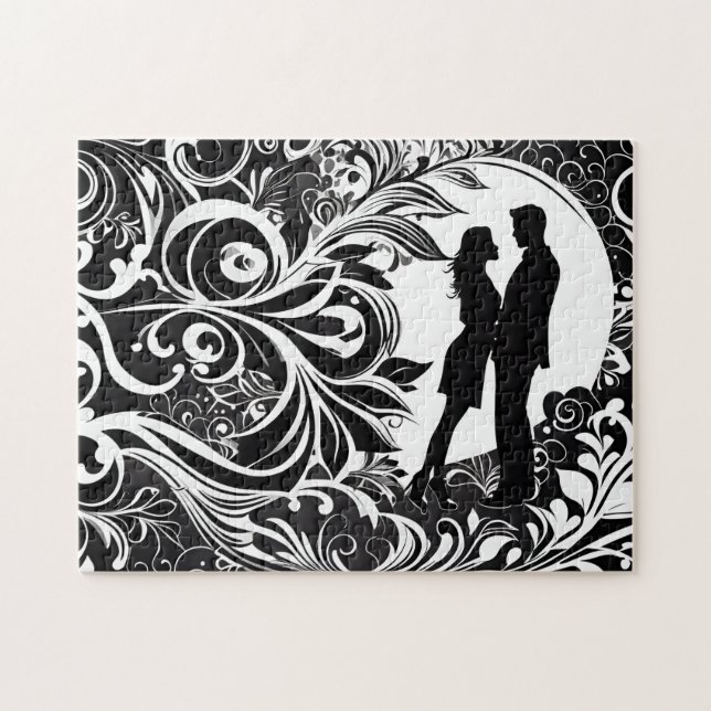 Puzzle Black & White Love : Couple Silhouette en baiser (Horizontal)