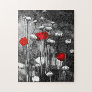 Puzzle Black White Red Poppies Flower Art Modèle Floral