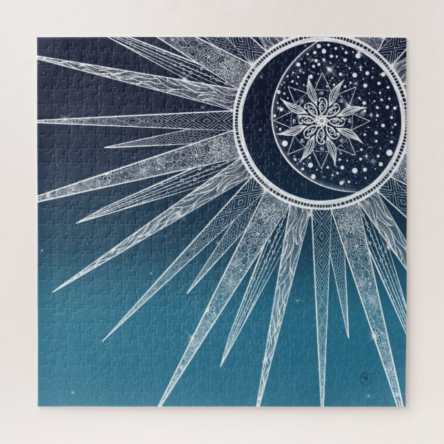 Puzzle Blanc Sun Moon Mandala Blue Gradient Design (Vertical)