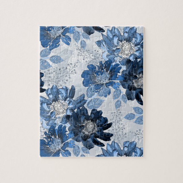 Puzzle Bleu clair, fleurs bleu foncé sur gris clair (Vertical)