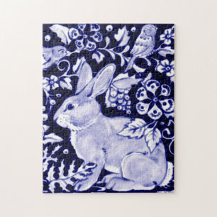 Puzzle Bleu classique et blanc lapin et oiseaux Flore ani
