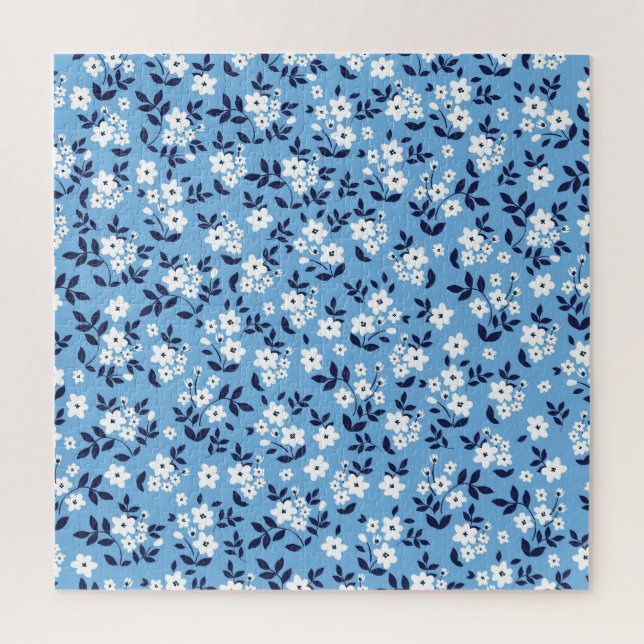 Puzzle Bleu, Fleurs blanches : Vintage (Vertical)
