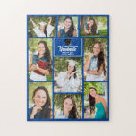 Puzzle Bleu Graduate Senior Photo Collage 2023 Graduation<br><div class="desc">Ce puzzle de collage photo moderne bleu pour diplômés présente vos 9 photos préférées d'étudiants. Ce design de graduation présente une typographie blanche de classe de votre lycée ou nom de collège pour la classe de 2023. Customisez ce cadeau de keepsaké avec votre année de graduation en dessous du casquette...</div>