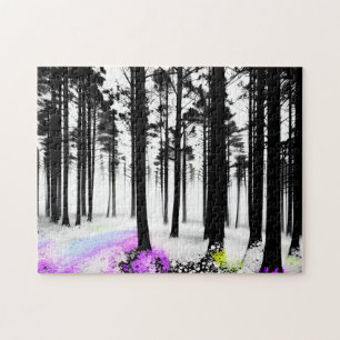 Puzzle Bleu jaune violet dans la Forêt de silhouette noir