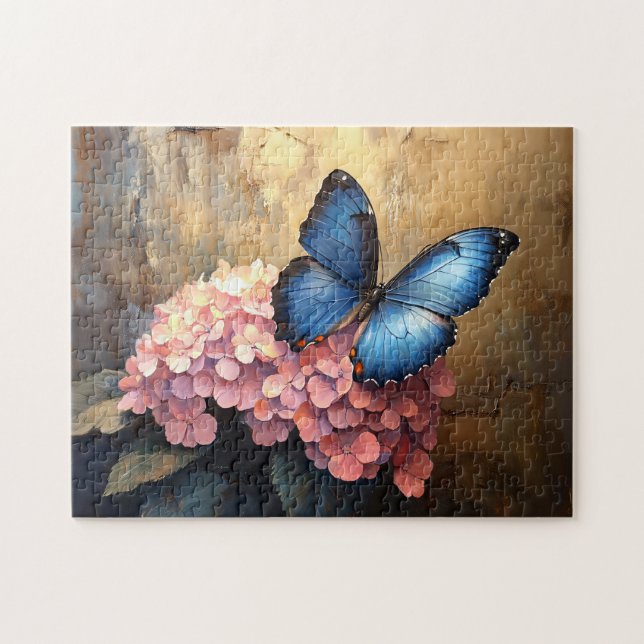 Puzzle Bleu papillon rose fleurs (Horizontal)