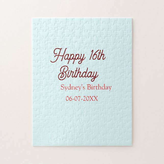 Puzzle Bleu pastel rouge joyeux 16e anniversaire nom date (Vertical)