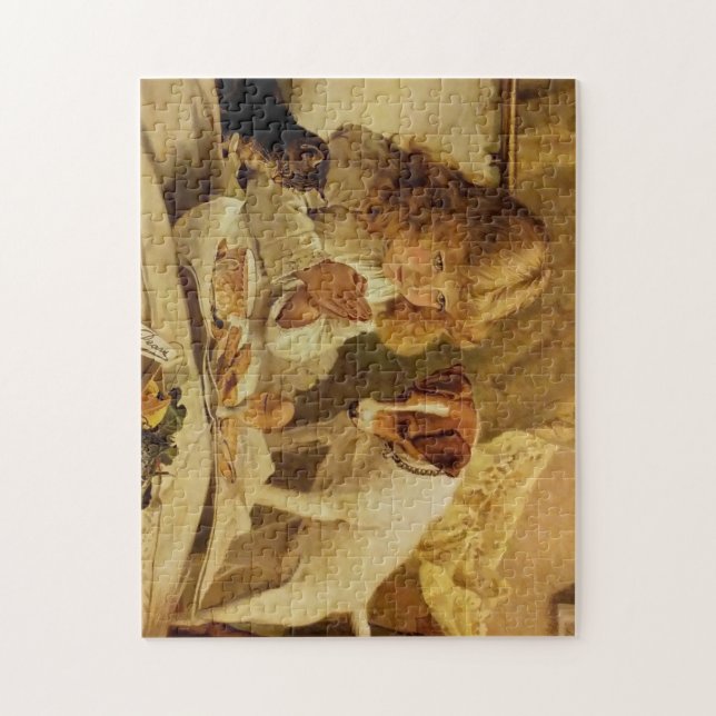 Puzzle Blond Girl Priant avec son chien et son chat (Vertical)