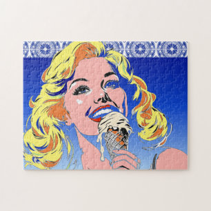 Puzzle Blonde Mangeant une Glace Style Pop Art Coloré des