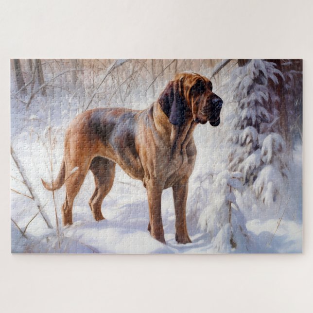 Puzzle Bloodhound Laisse Tomber la Neige de Noël (Horizontal)