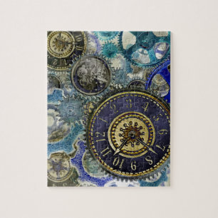 Puzzle Blue aqua steampunk gears, cogs, clock faces