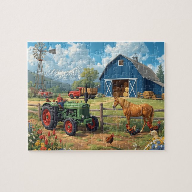 Puzzle Blue Barn Tractor Horse Farm Mountain Scene (Horizontal)