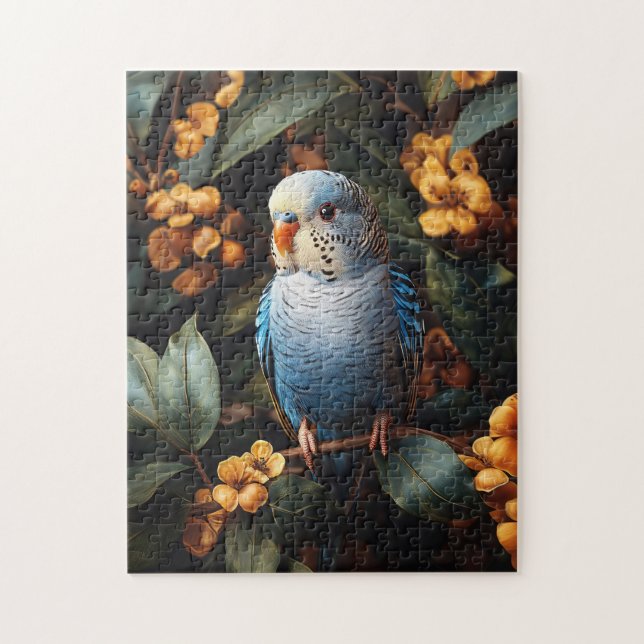 Puzzle Blue Budgie Budgerigar Fleurs Jaunes (Vertical)