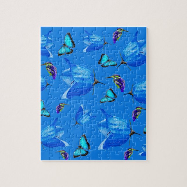 Puzzle Blue Butterflies, Kingfishers, And Bell Flowers (Vertical)