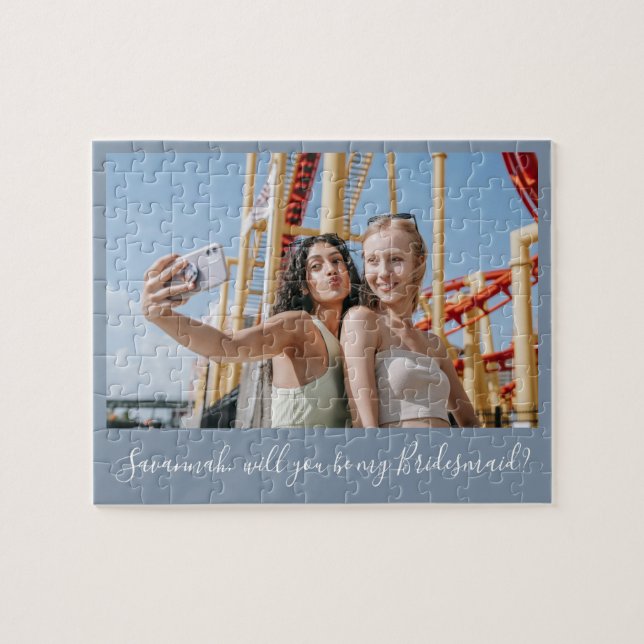 Puzzle Blue Calligraphy Custom Photo Bridesmaid Proposal (Horizontal)