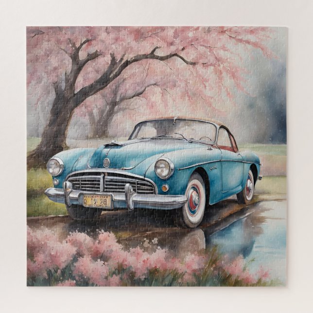 Puzzle Blue Elegance : Vielle voiture en aquarelle (Vertical)