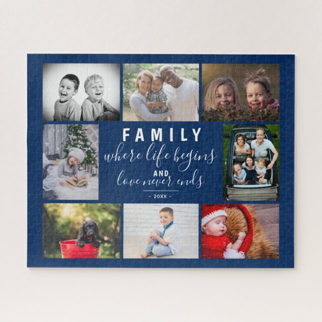 Puzzle Blue Family 8 Photo Collage Dire Script (Horizontal)