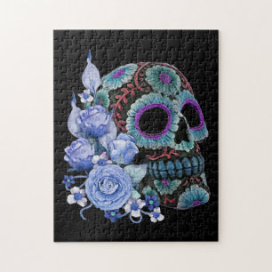 Puzzle Blue Floral Black Sugar Skull Jour des morts
