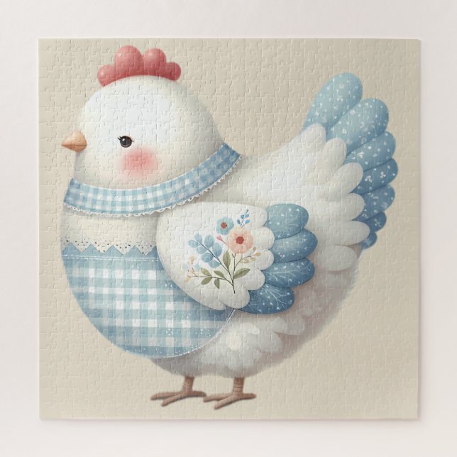 Puzzle Blue Gingham Cottage Hen (Vertical)