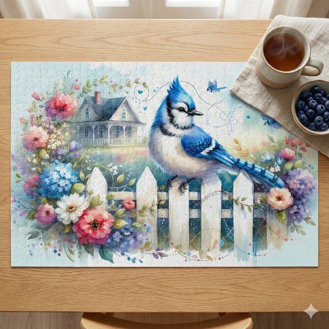 Puzzle Blue Jay Cottage Garden Fence Scene (Blue Jay Cottage Garden Fence Scene Jigsaw Puzzle Mockup 1)