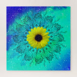 Puzzle Blue turquoise starry galaxy mandala and sunflower<br><div class="desc">Blue turquoise starry galaxy mandala and sunflower jigsaw puzzle</div>