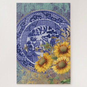 Puzzle Blue Willow Chine Plaque et tournesols Design