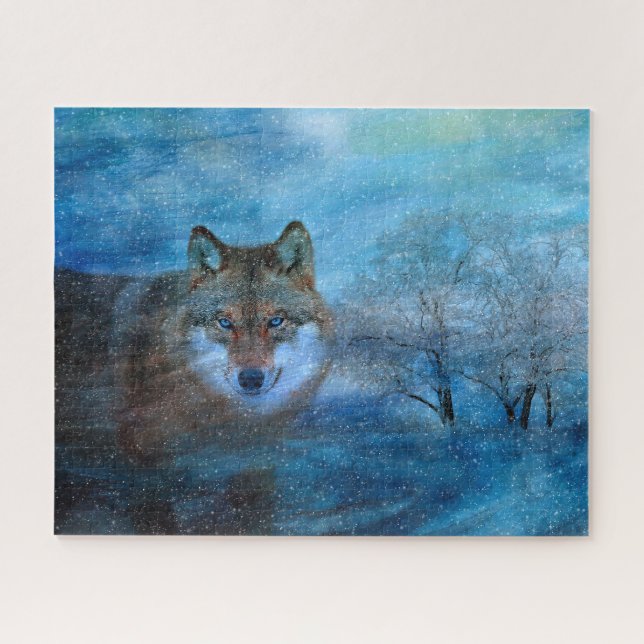 Puzzle Blue Wolf Winter Forest Wildlife Painting (Horizontal)