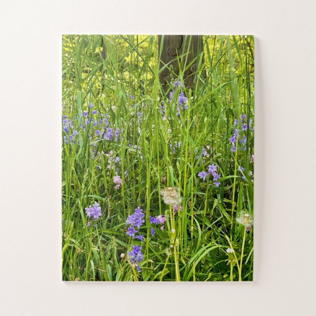Puzzle Bluebells & Dandelions in Wild Spring Grass (Vertical)